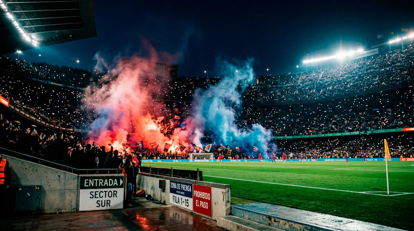 Estadio portugués a reventar con bengalas encendidas y humo coloreado durante el Clásico Benfica-Porto