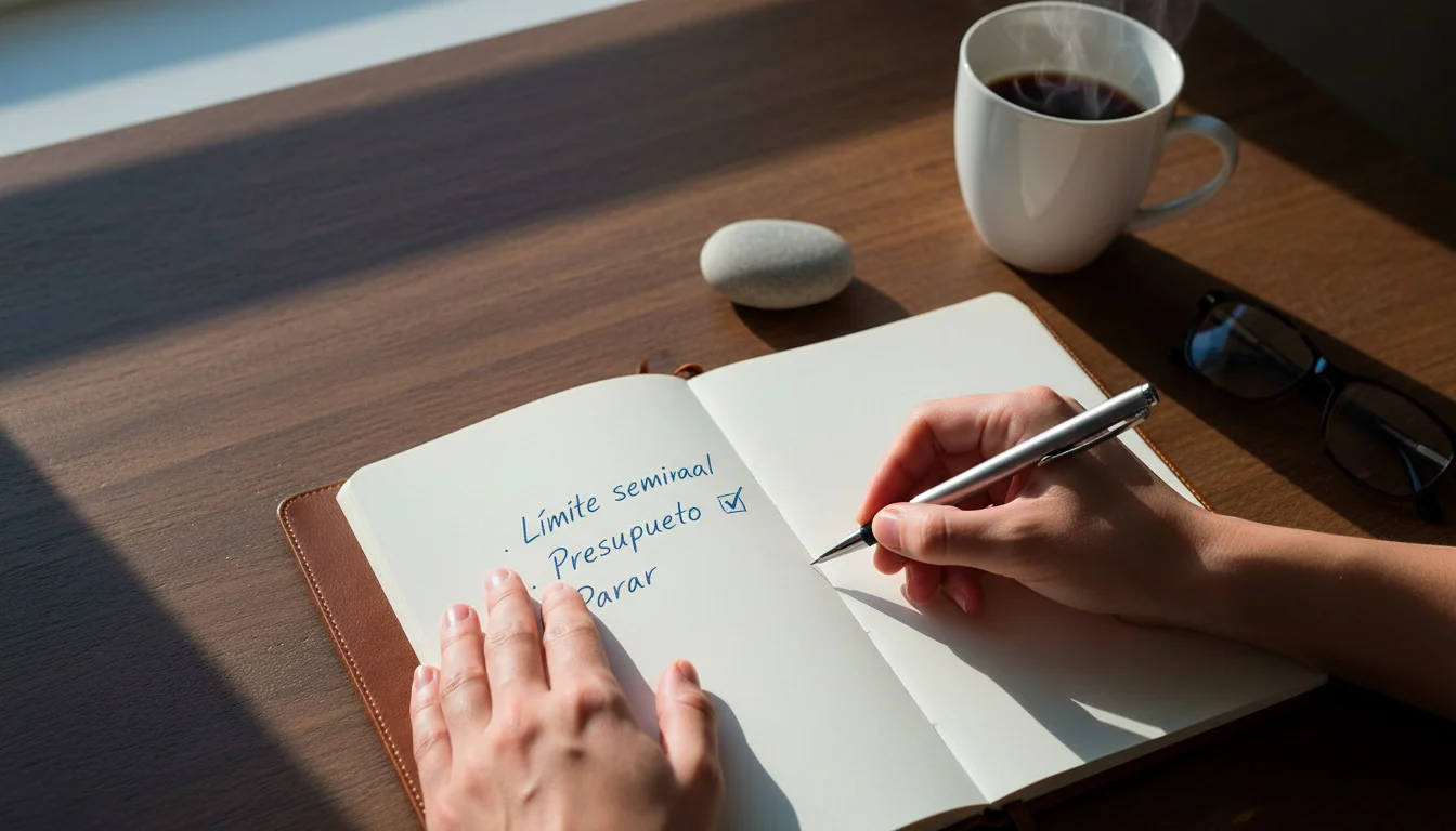 Persona escribiendo en un cuaderno de apuntes junto a una taza de café en una mesa de madera tenue