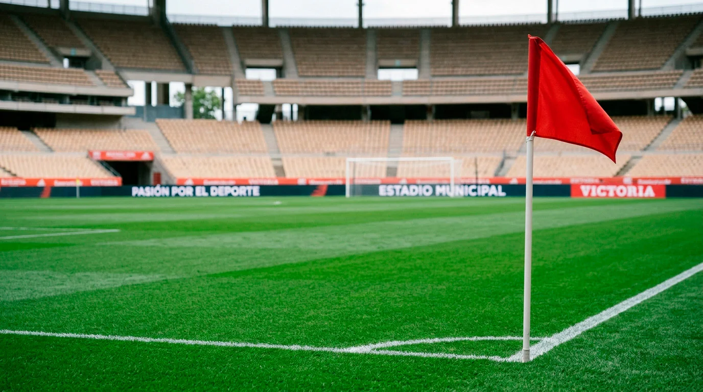 Césped verde del estadio con el banderín de córner y la portería al fondo en un partido de la Primeira Liga